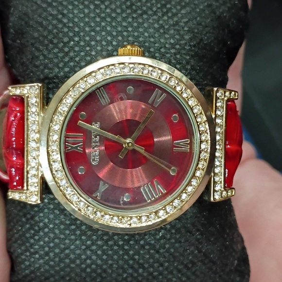 Geneva Gold and Red Watch with Sparkling Accents - Picture 1 of 2